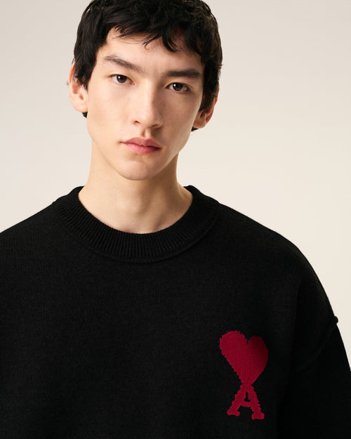 Pull Noir Col Rond Ami De Coeur En Laine — NOIR/ROUGE