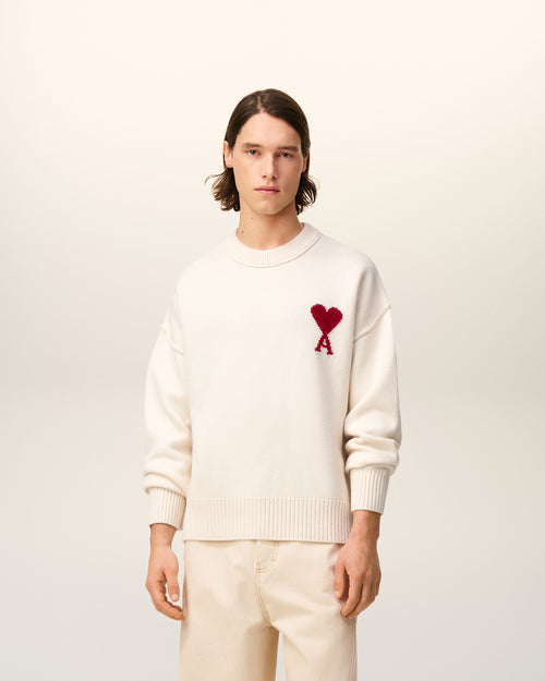 Pull Blanc Col Rond Ami De Coeur En Laine — ECRU/ROUGE