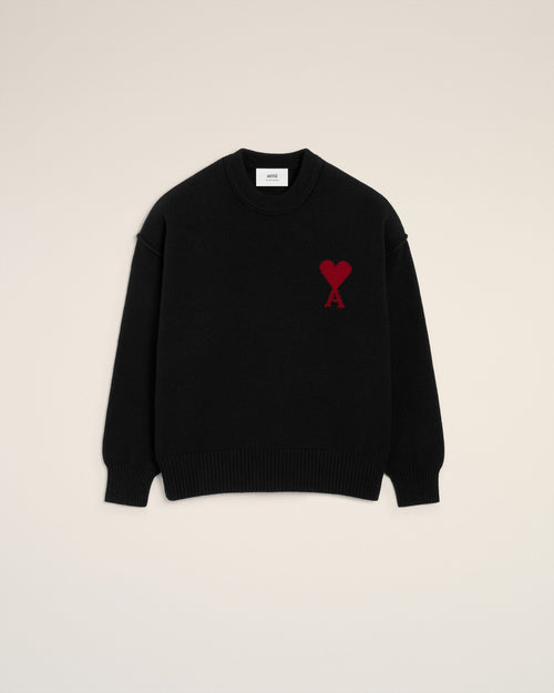 Pull Noir Col Rond Ami De Coeur En Laine — NOIR/ROUGE