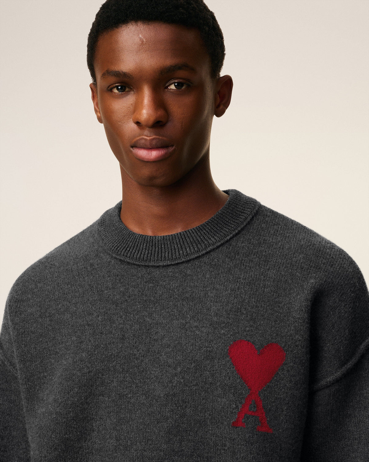 Pull Gris Col Rond Ami De Coeur En Laine — GRIS CHINE / ROUGE