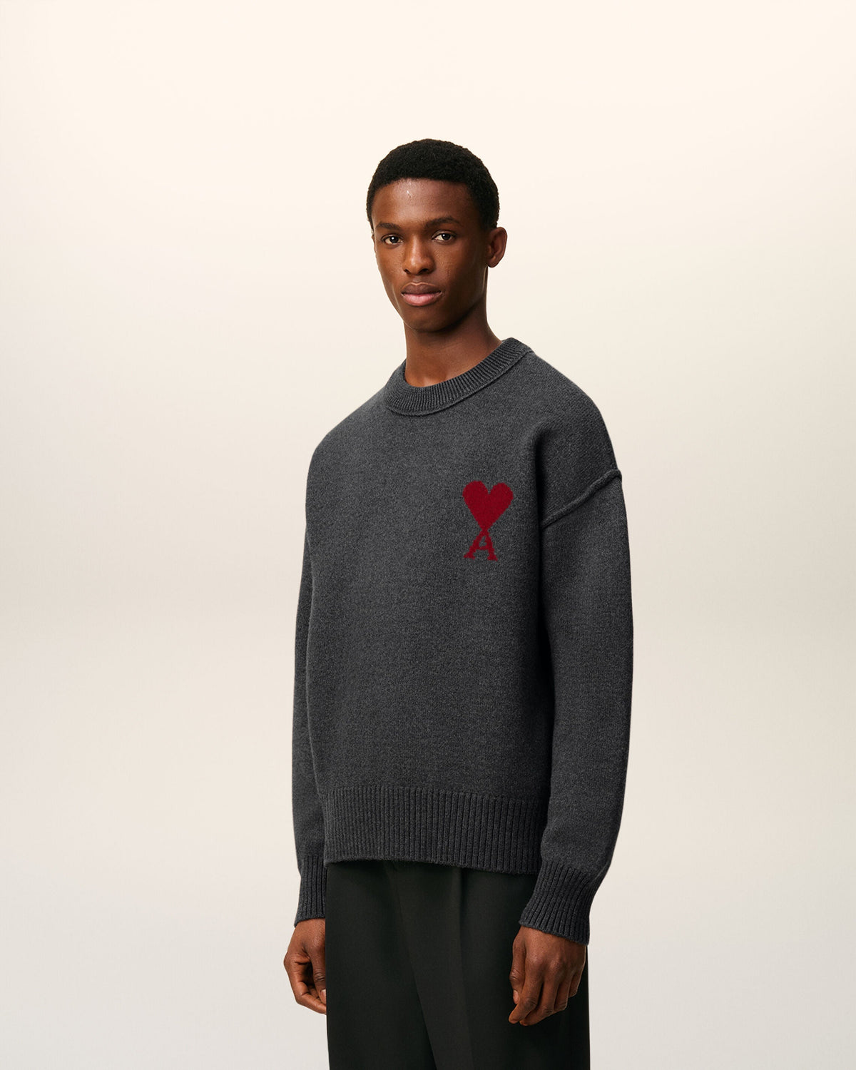 Pull Gris Col Rond Ami De Coeur En Laine — GRIS CHINE / ROUGE