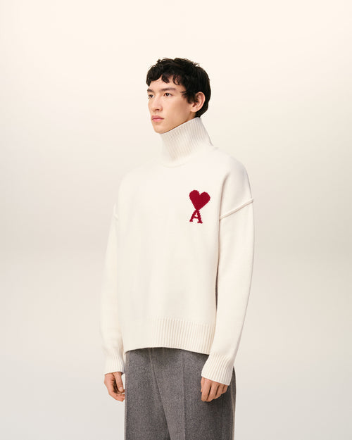 Pull Blanc Col Cheminée Ami De Coeur En Laine — ECRU/ROUGE