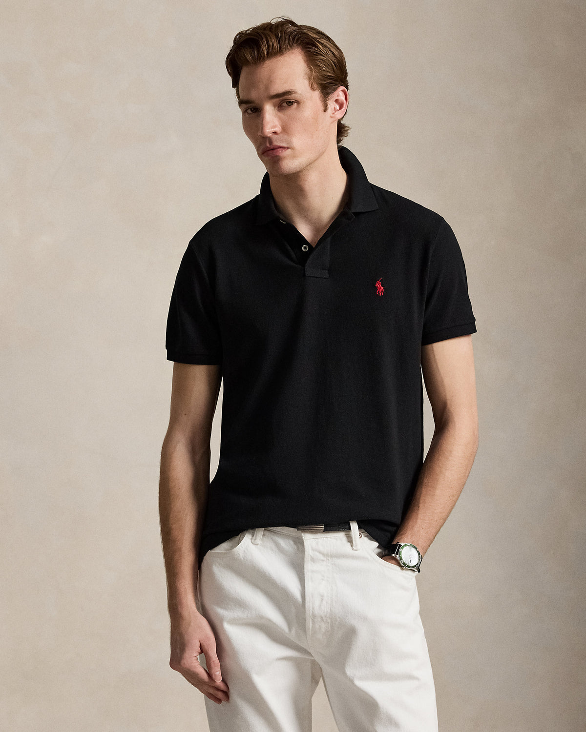 Polo Custom Slim Fit iconique en piqué Noir/Rouge