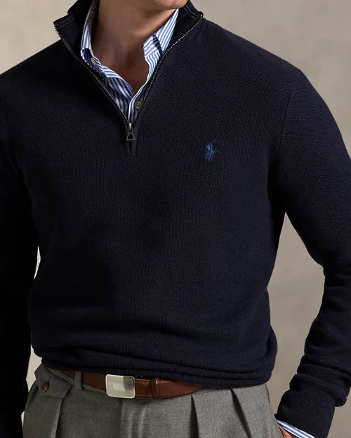 Pull demi-zippé en coton piqué