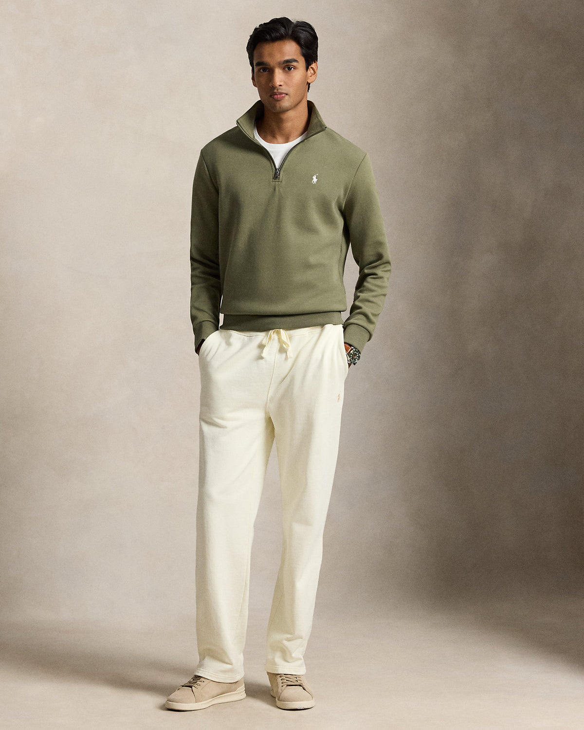 Pull quart de zip en maille double Olive croisière