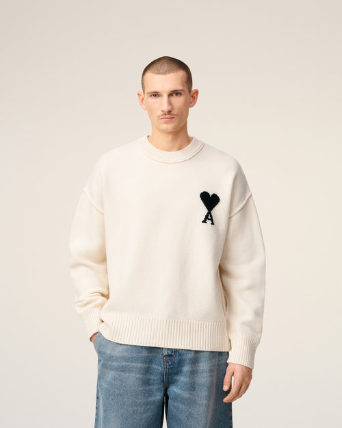 Pull Blanc Col Rond Ami De Coeur En Laine — ECRU/NOIR