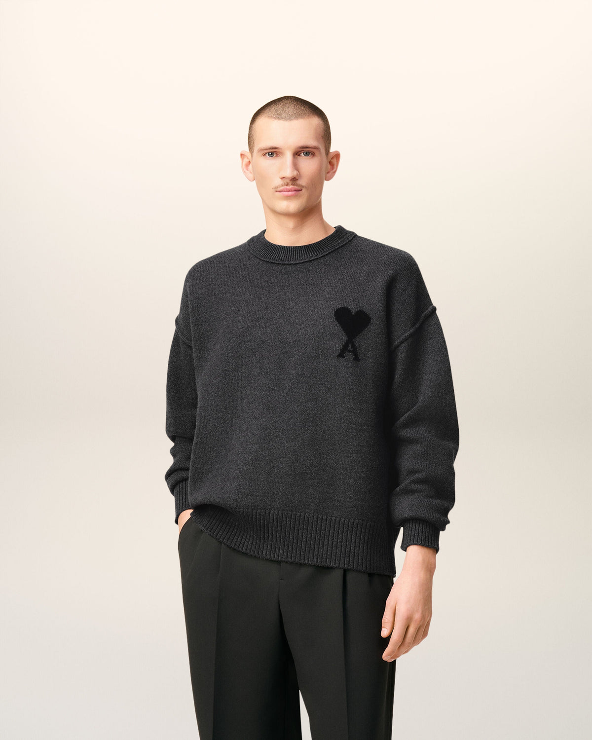 Pull Gris Col Rond Ami De Coeur En Laine — GRIS CHINE / NOIR