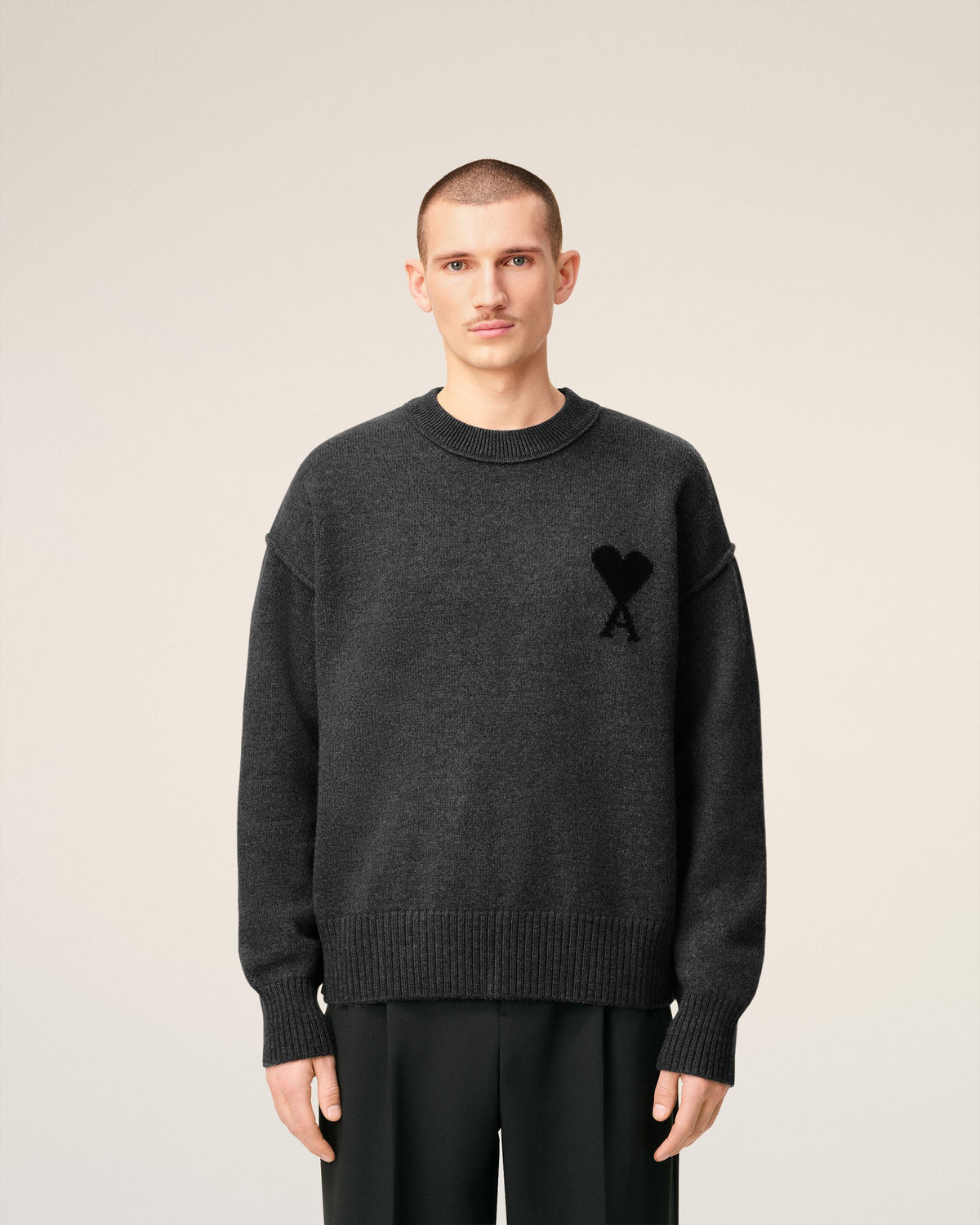 Pull Gris Col Rond Ami De Coeur En Laine — GRIS CHINE / NOIR