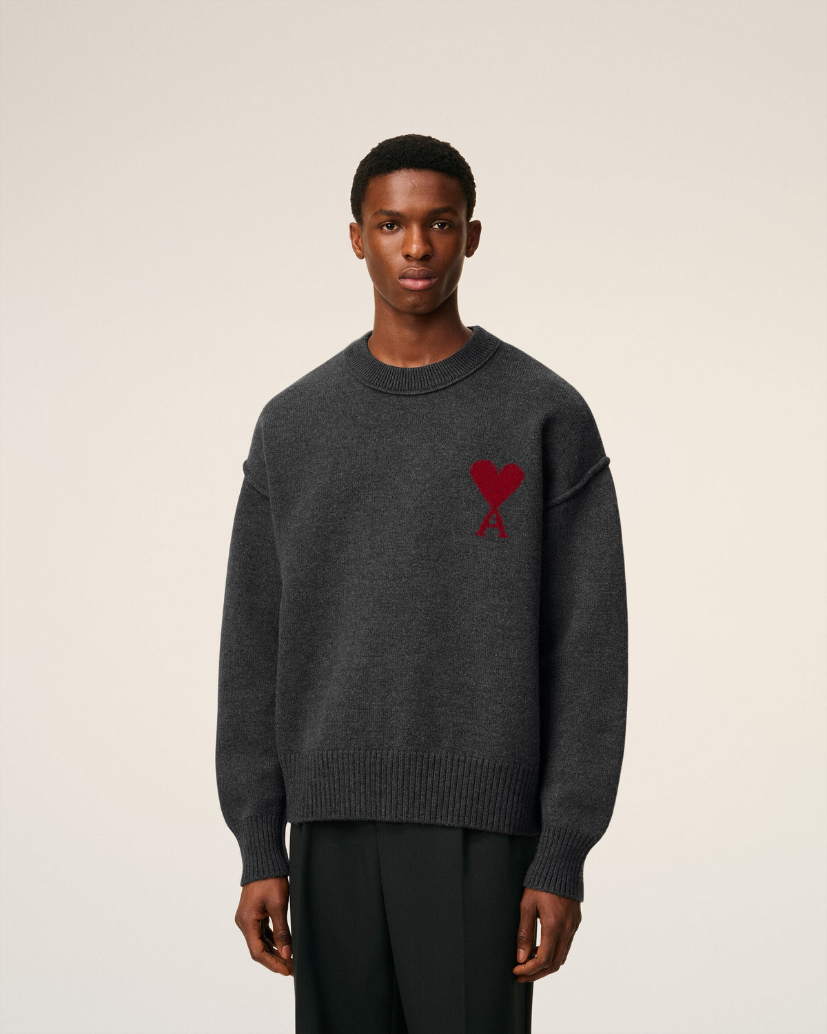 Pull Gris Col Rond Ami De Coeur En Laine — GRIS CHINE / ROUGE