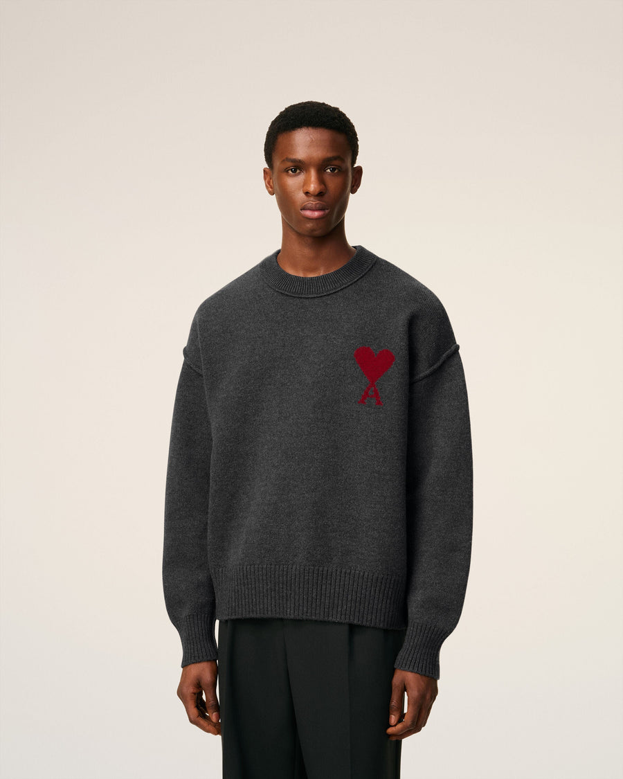 Pull Gris Col Rond Ami De Coeur En Laine — GRIS CHINE / ROUGE