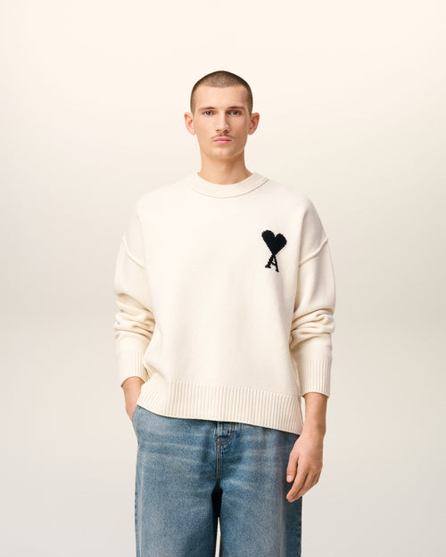 Pull Blanc Col Rond Ami De Coeur En Laine — ECRU/NOIR