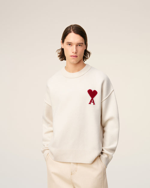 Pull Blanc Col Rond Ami De Coeur En Laine — ECRU/ROUGE