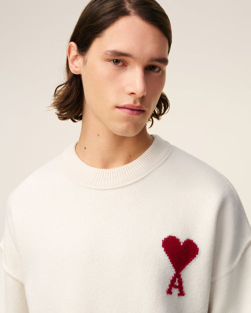 Pull Blanc Col Rond Ami De Coeur En Laine — ECRU/ROUGE