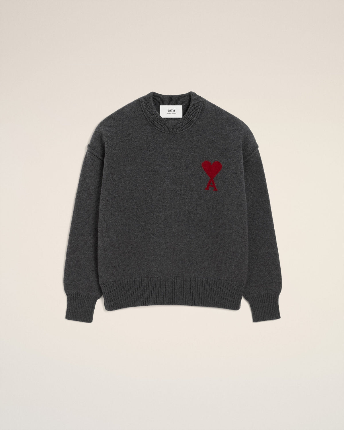 Pull Gris Col Rond Ami De Coeur En Laine — GRIS CHINE / ROUGE