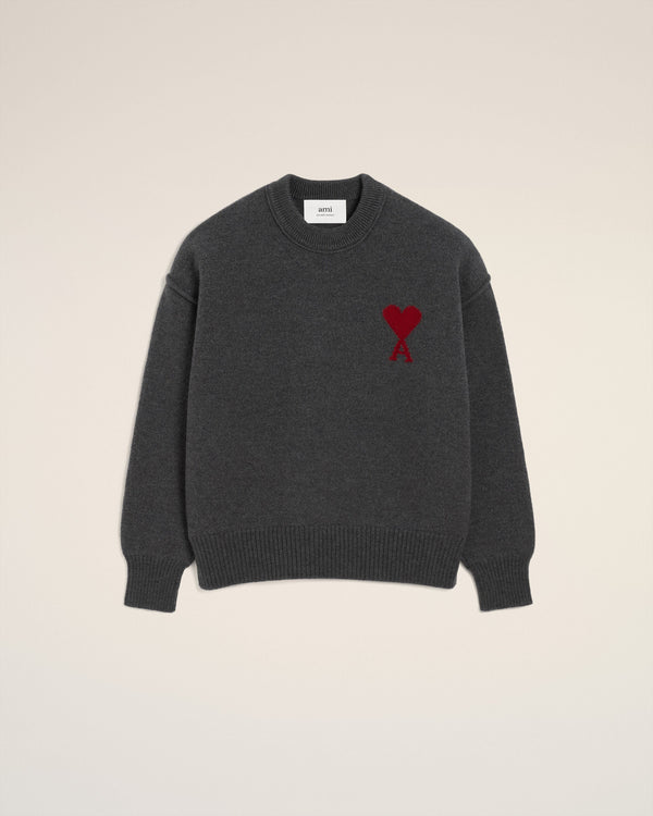 Pull Gris Col Rond Ami De Coeur En Laine — GRIS CHINE / ROUGE