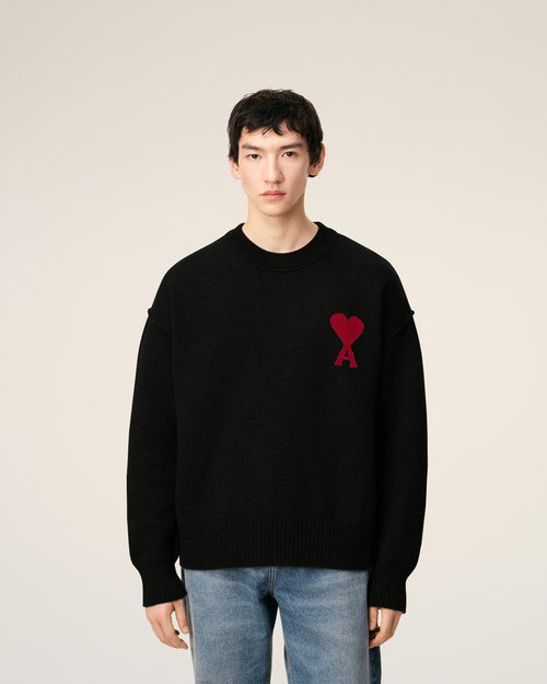 Pull Noir Col Rond Ami De Coeur En Laine — NOIR/ROUGE