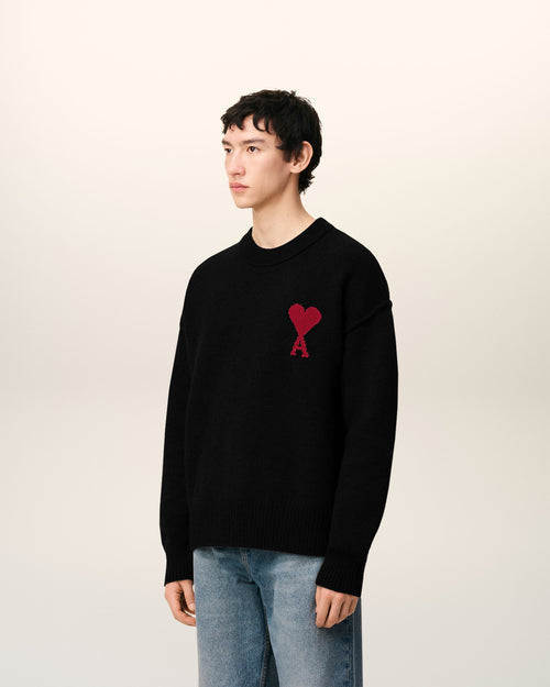 Pull Noir Col Rond Ami De Coeur En Laine — NOIR/ROUGE