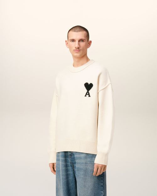 Pull Blanc Col Rond Ami De Coeur En Laine — ECRU/NOIR