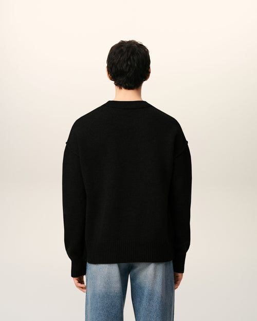 Pull Noir Col Rond Ami De Coeur En Laine — NOIR/ROUGE