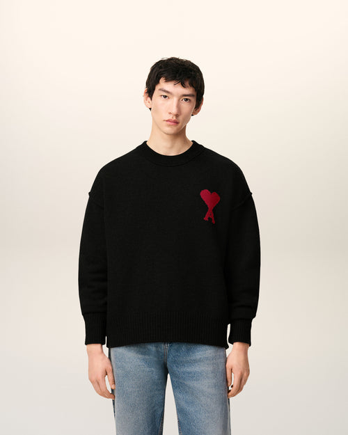 Pull Noir Col Rond Ami De Coeur En Laine — NOIR/ROUGE