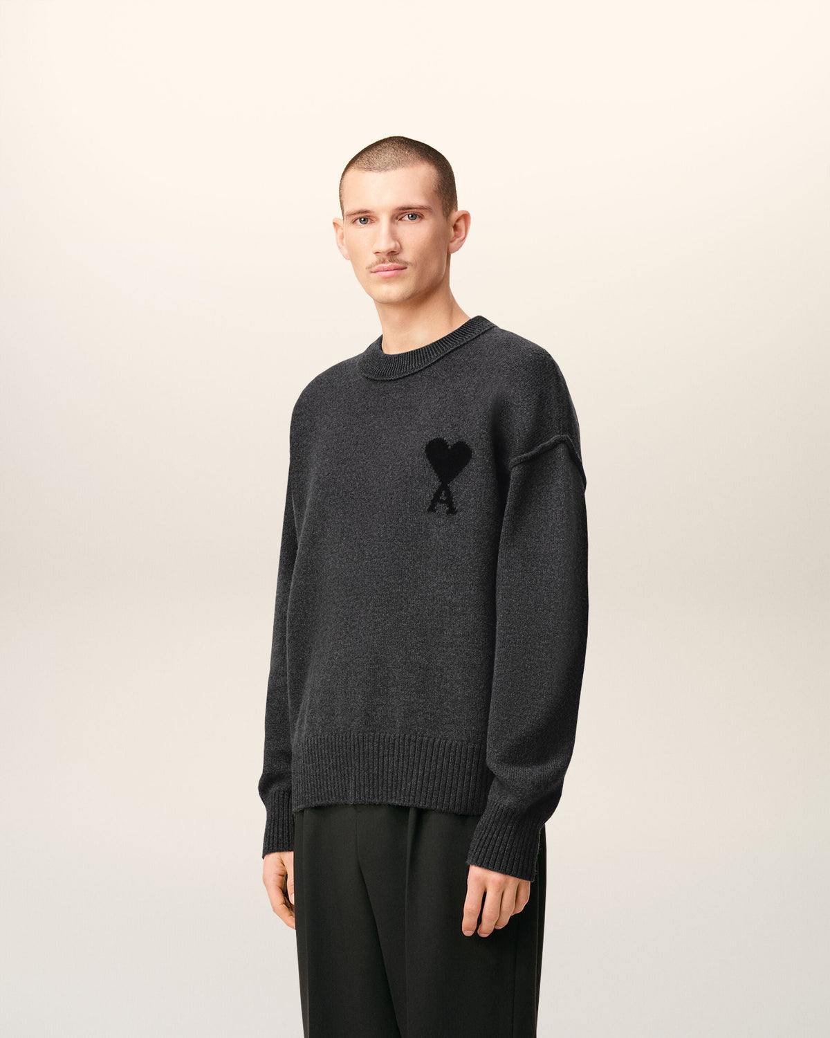 Pull Gris Col Rond Ami De Coeur En Laine — GRIS CHINE / NOIR