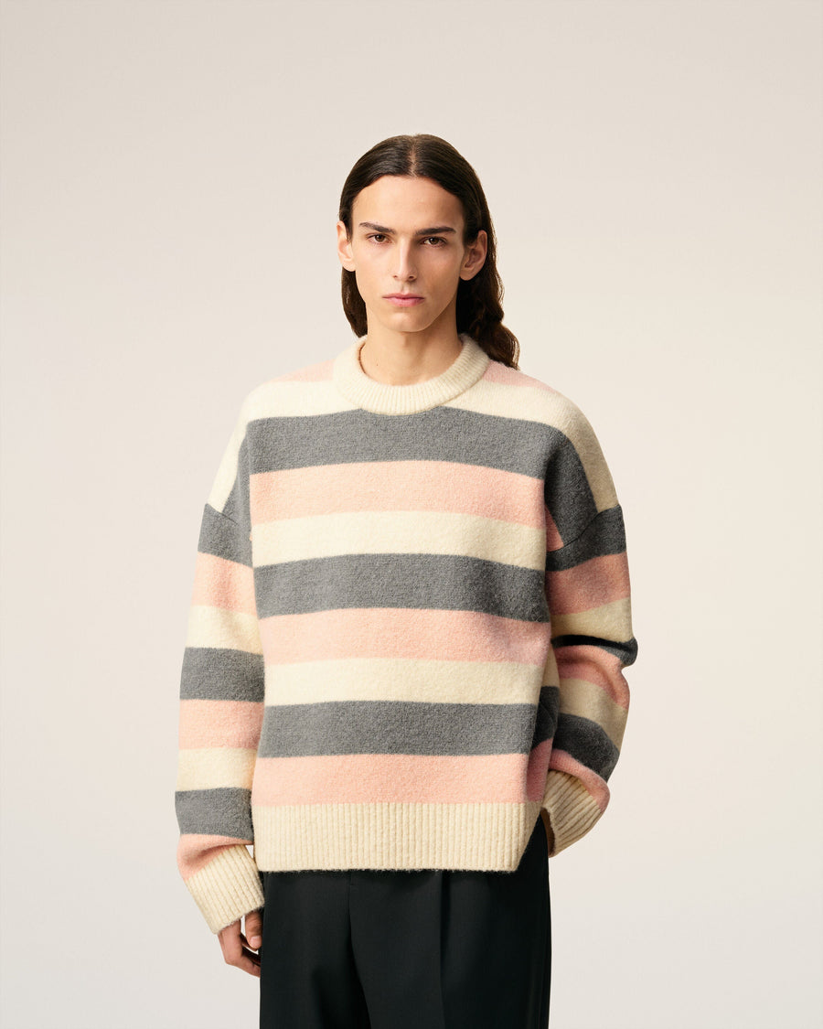 Pull Gris Rayé Col Rond En Alpaga
