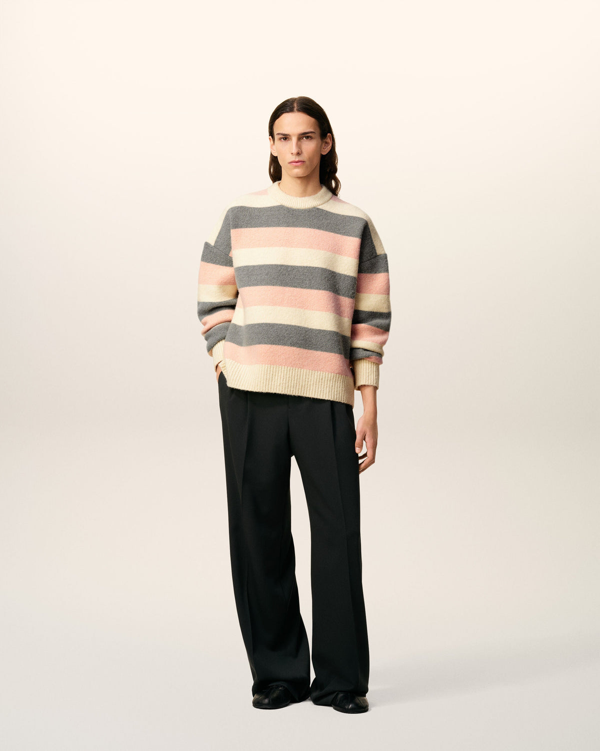 Pull Gris Rayé Col Rond En Alpaga