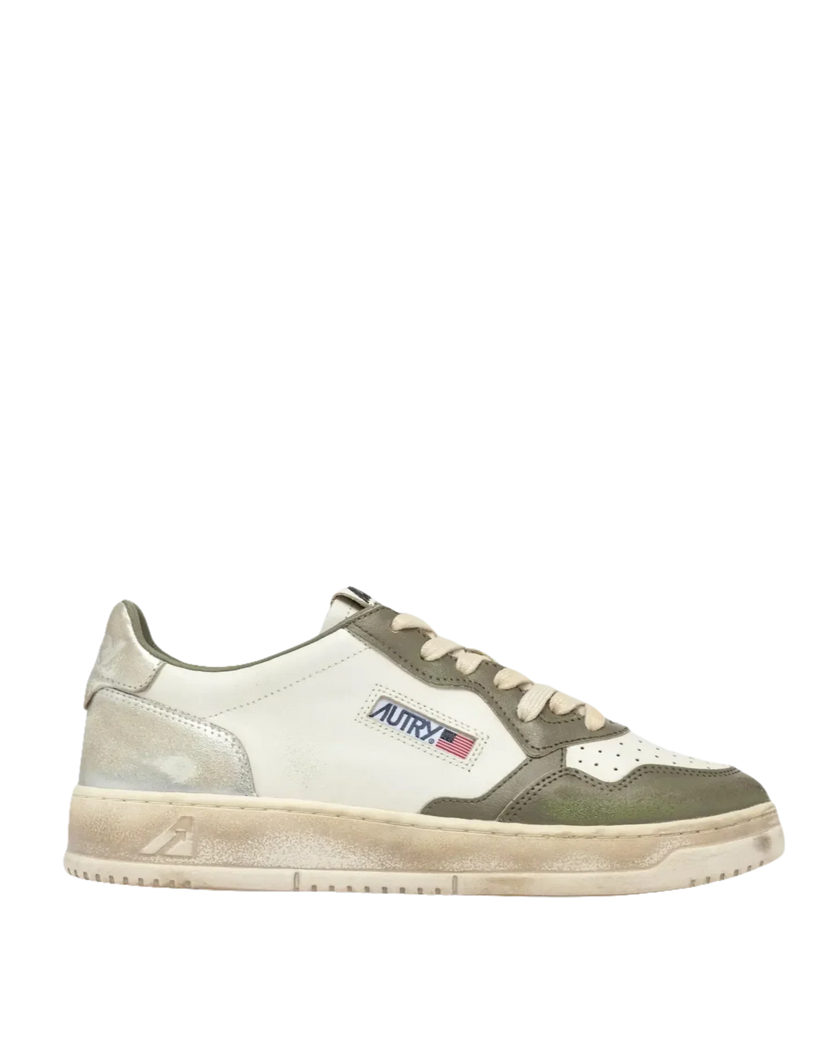 AUTRY - BASKETS MEDALIST LOW SUPER VINTAGE WHISPER WHITE VERT ET SILVER - Lothaire