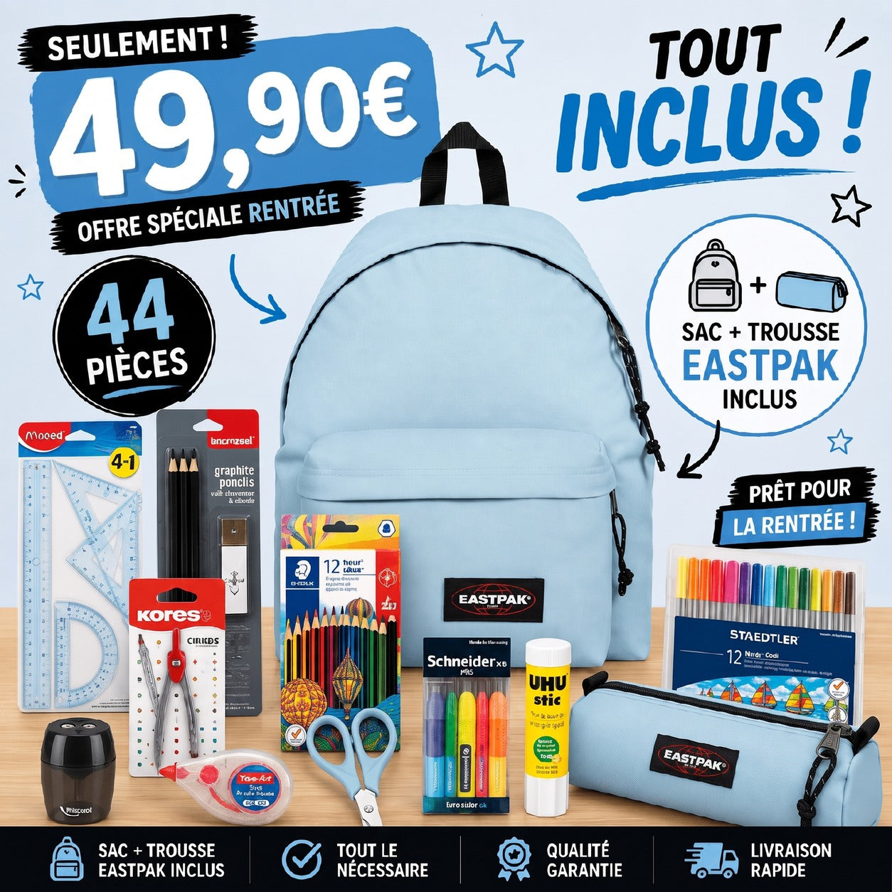 Pack Fournitures Scolaires + Sac & Trousse Eastpak (Bleu)