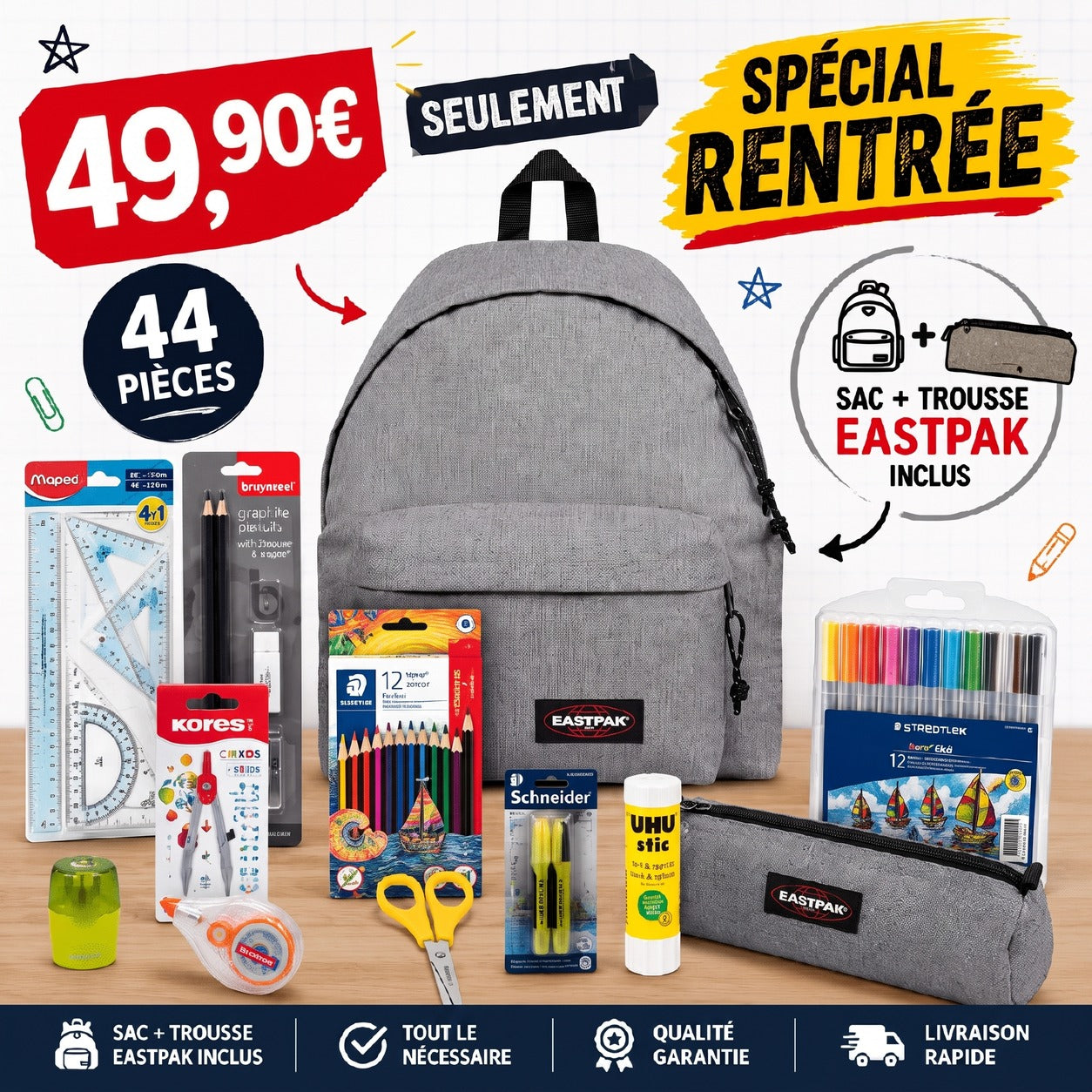 Pack Fournitures Scolaires + Sac & Trousse Eastpak (Gris)