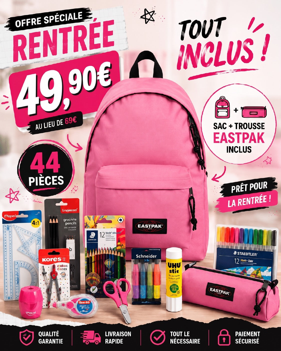 Pack Fournitures Scolaires + Sac & Trousse Eastpak (Rose)