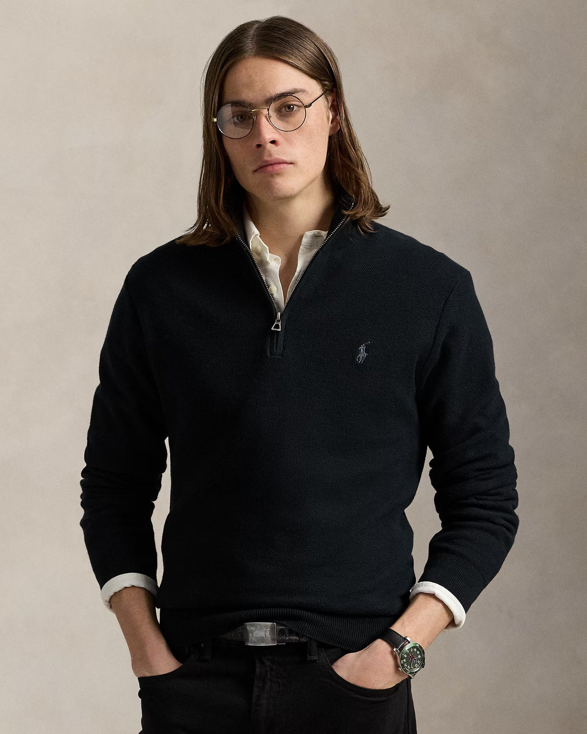 Pull demi-zippé en coton piqué