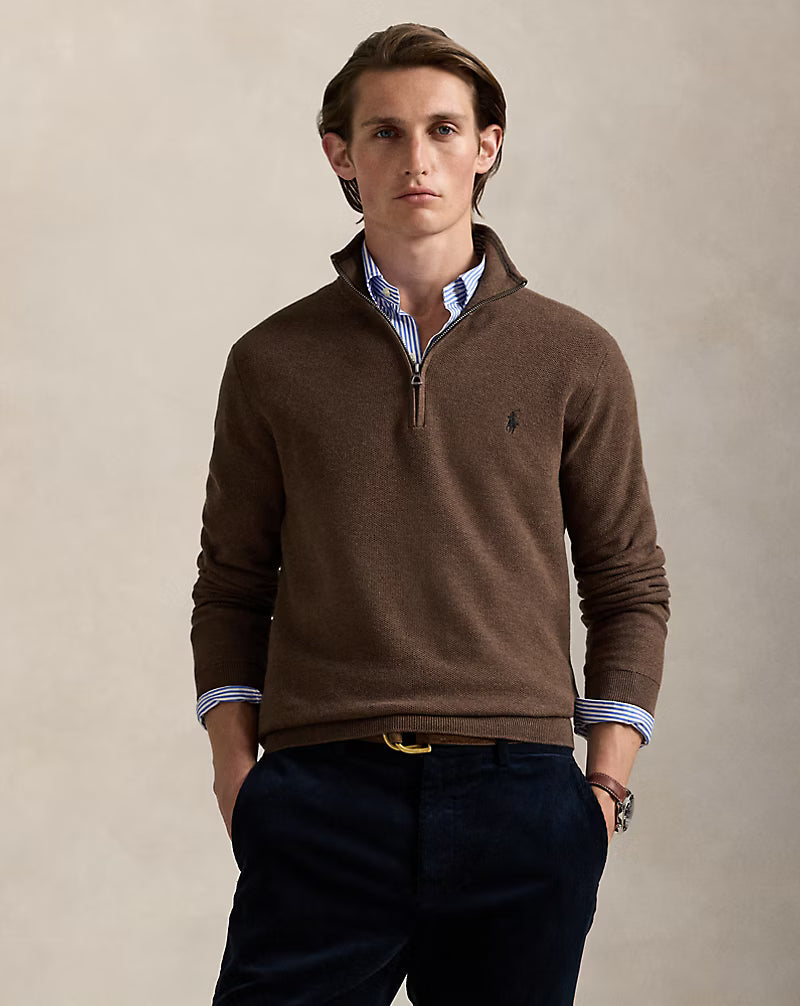 Pull demi-zippé en coton piqué