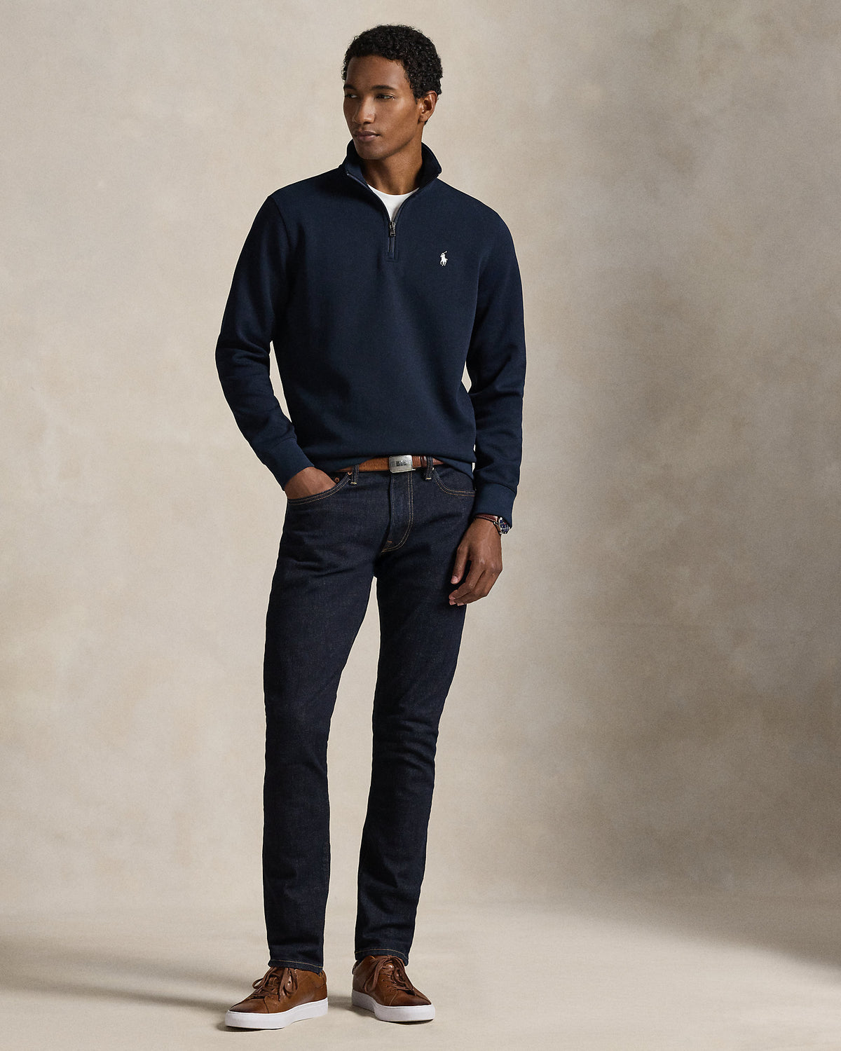 Pull quart de zip en maille double Marine aviateur