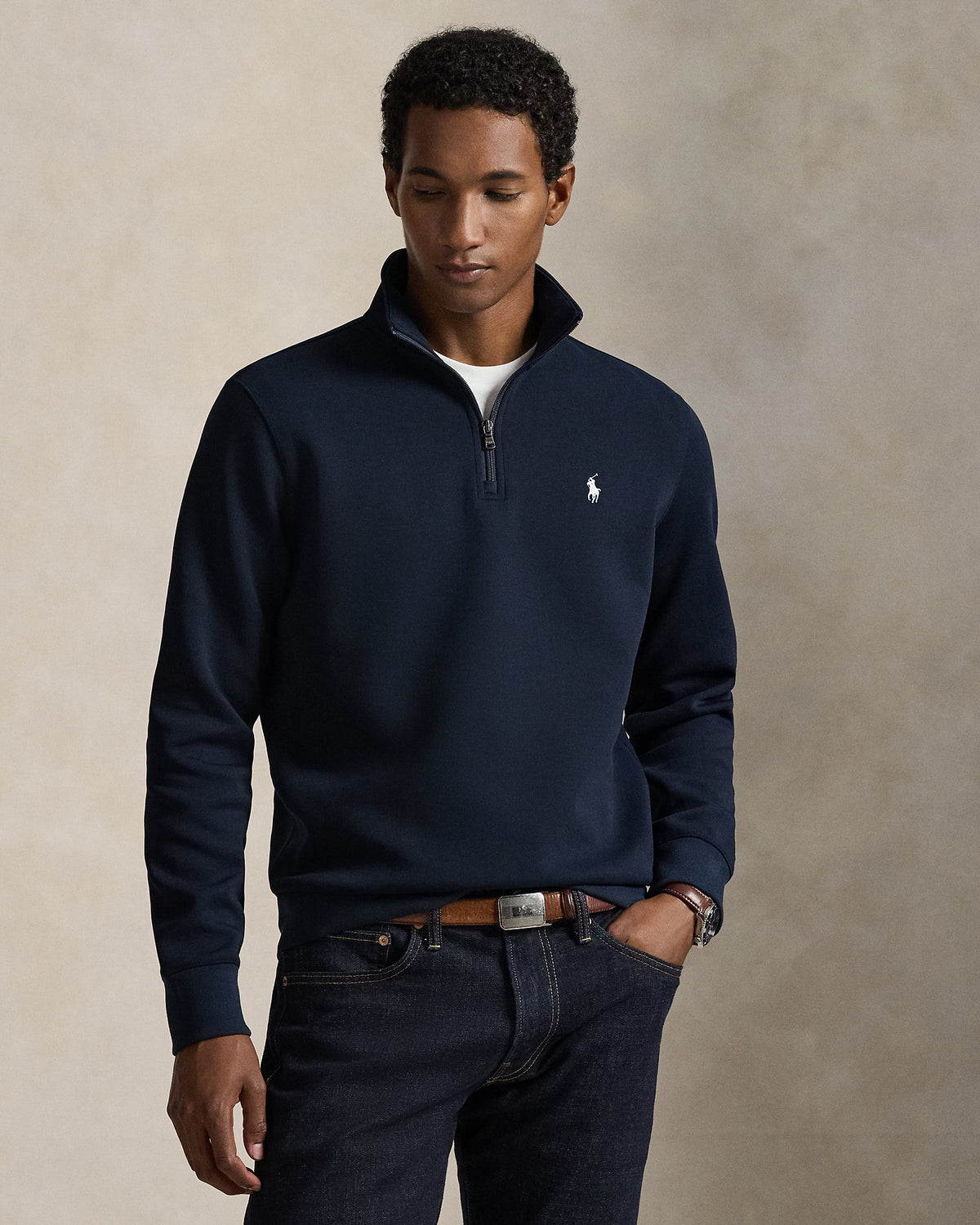 Pull quart de zip en maille double Marine aviateur