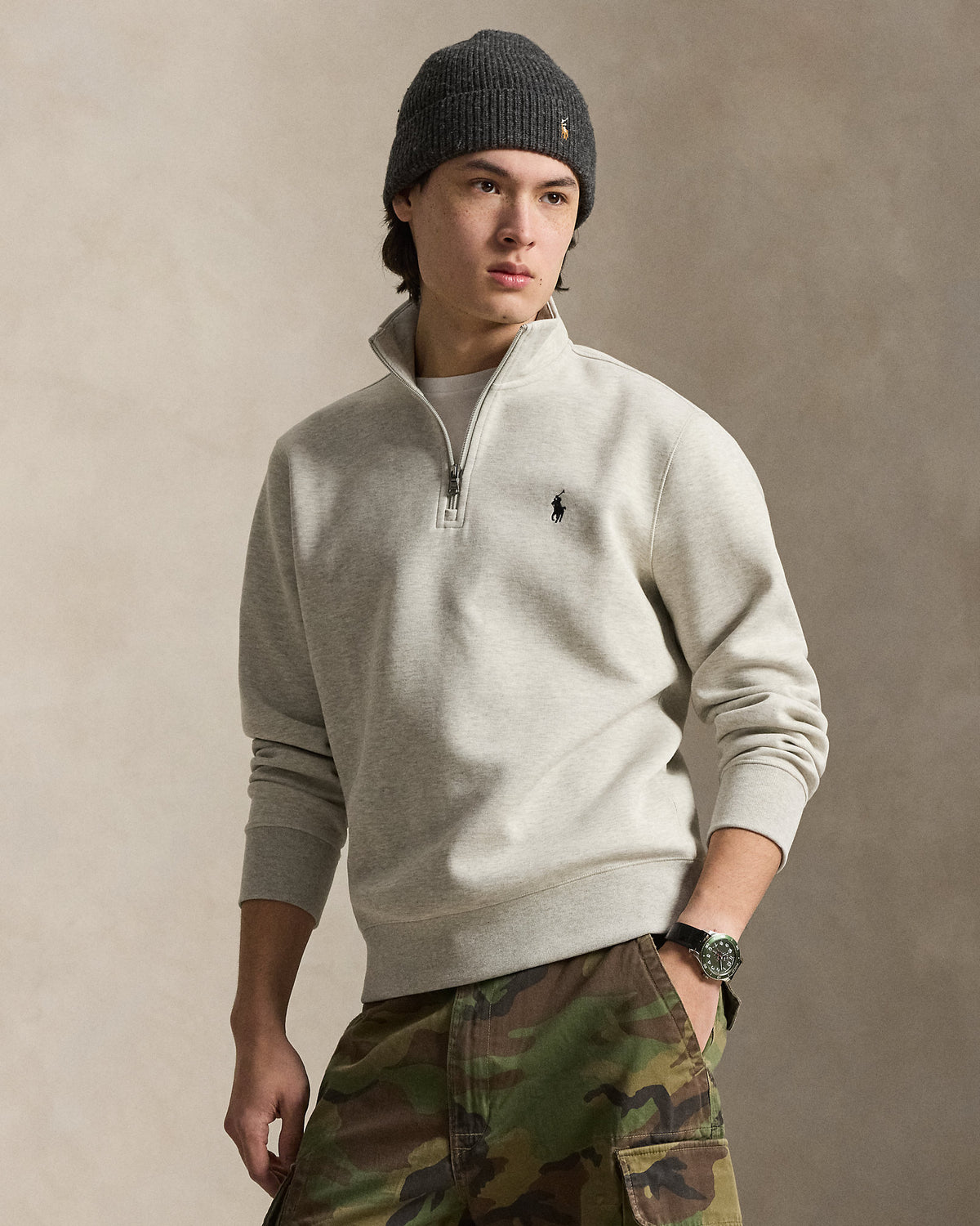 Pull quart de zip en maille double Chiné sport clair