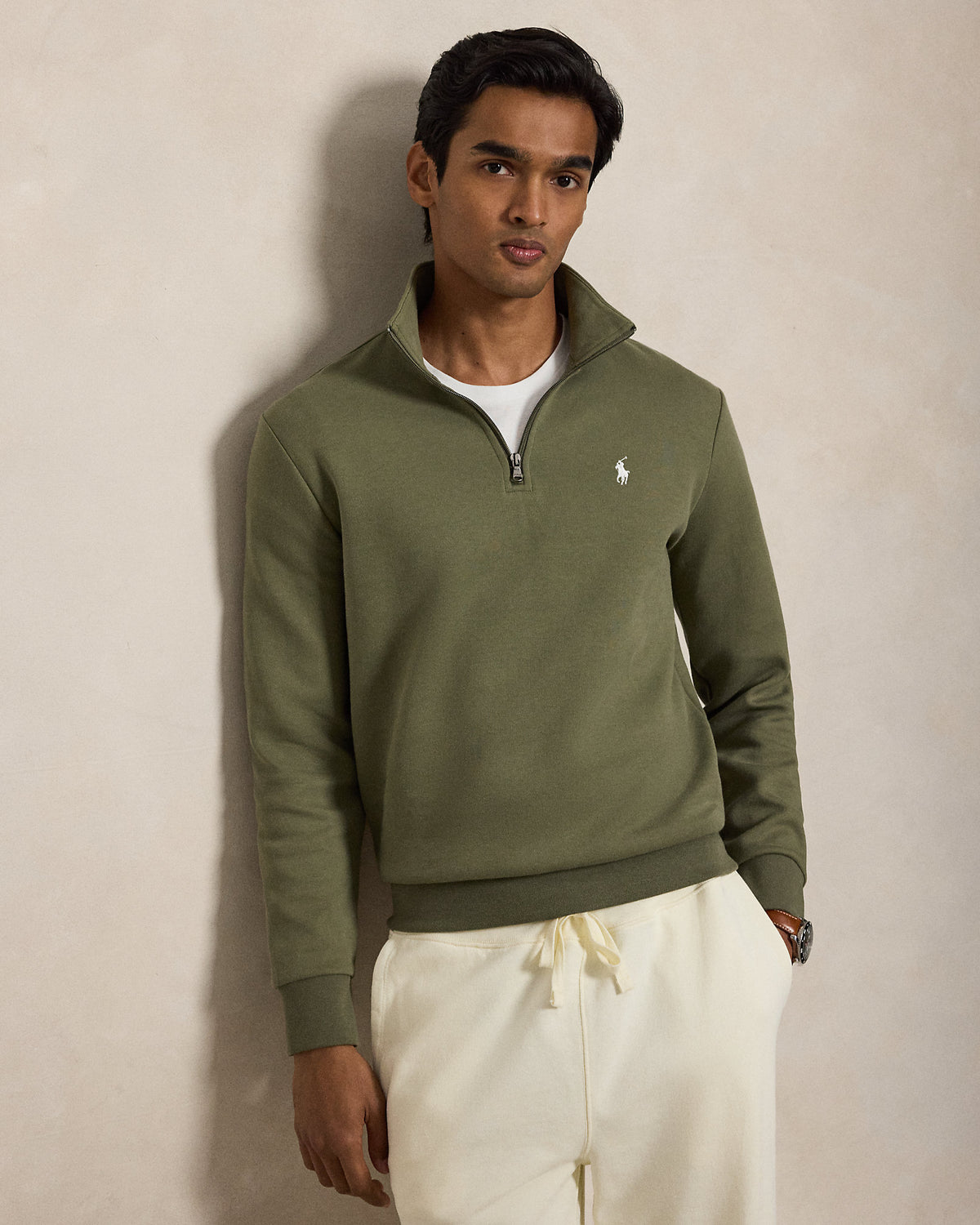 Pull quart de zip en maille double Olive croisière