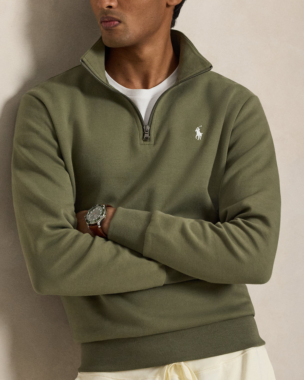 Pull quart de zip en maille double Olive croisière